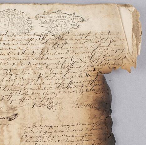 Détail d'une minute du notaire Jean Dutartre (XVIIIe siècle ; Paris, Minutier central des notaires de Paris, Archives nationales) - Photo : INP